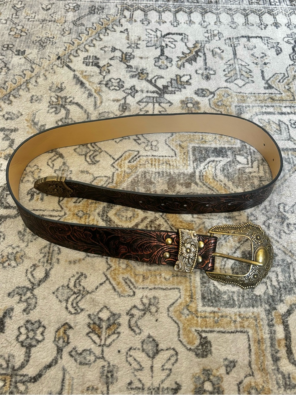 Western Belt with Ornate Buckle - Brown & Gold